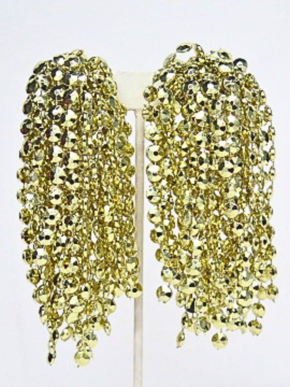 Vintage Gold Tone Sequin Waterfall Clip On Earrings Statement Estate Jewelry